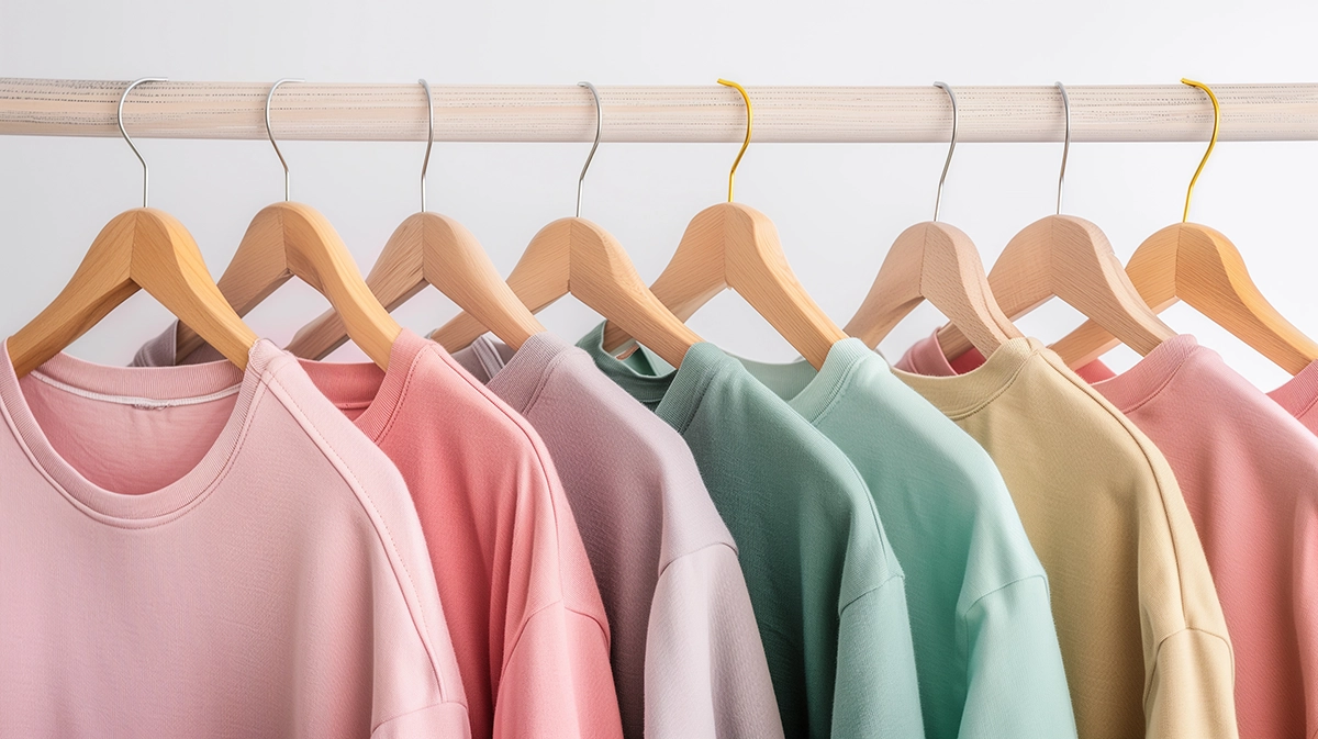 Row of pastel-colored sweatshirts on wooden hangers, featuring soft fall tones for custom printed apparel.