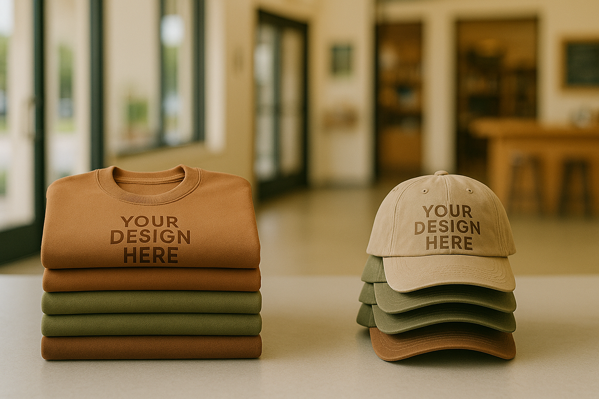 tacked sweatshirts and baseball caps in warm earth tones with “Your Design Here” printed on the front, displayed on a counter in a bright room.