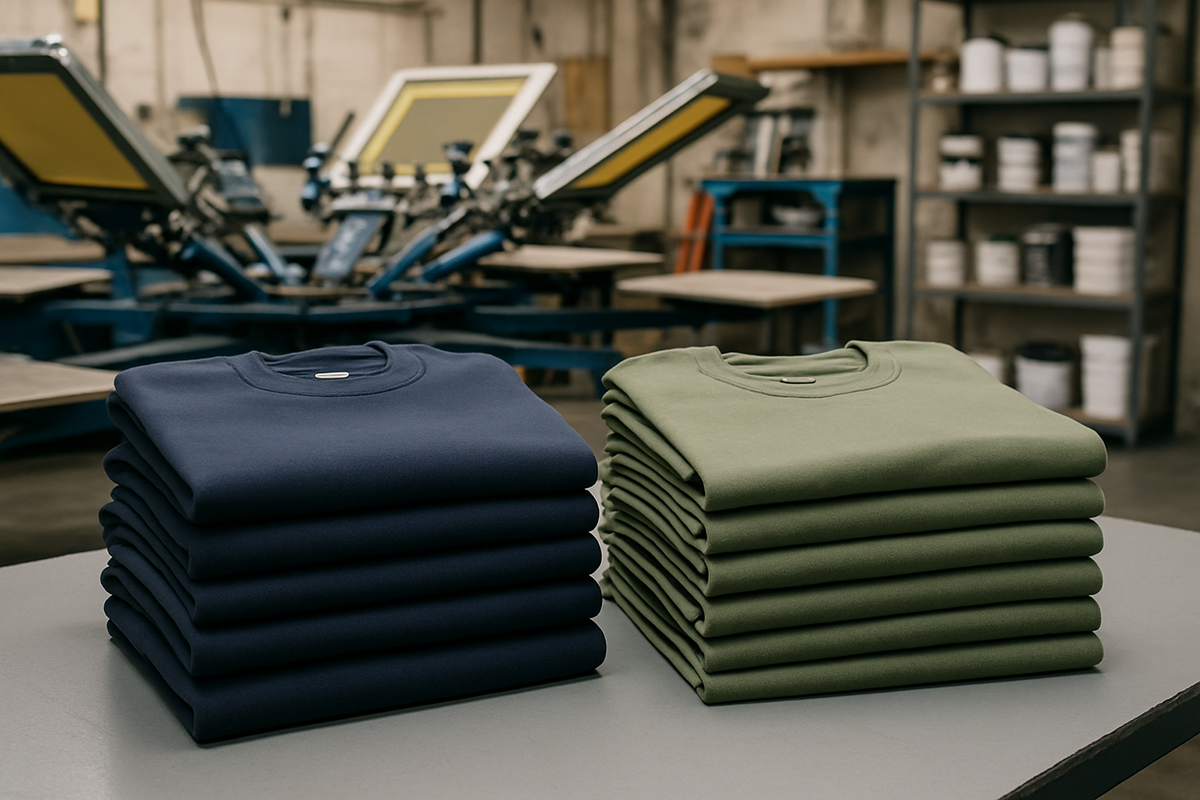 Neatly folded navy blue and olive green sweatshirts stacked side by side in a screen-printing studio, with print presses visible in the background.