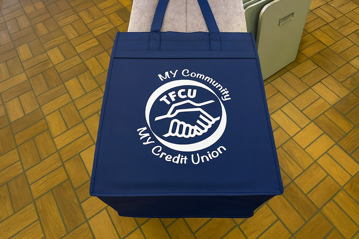 Blue reusable tote bag with the TFCU logo and text reading “My Community, My Credit Union,” displayed on a patterned wood floor.