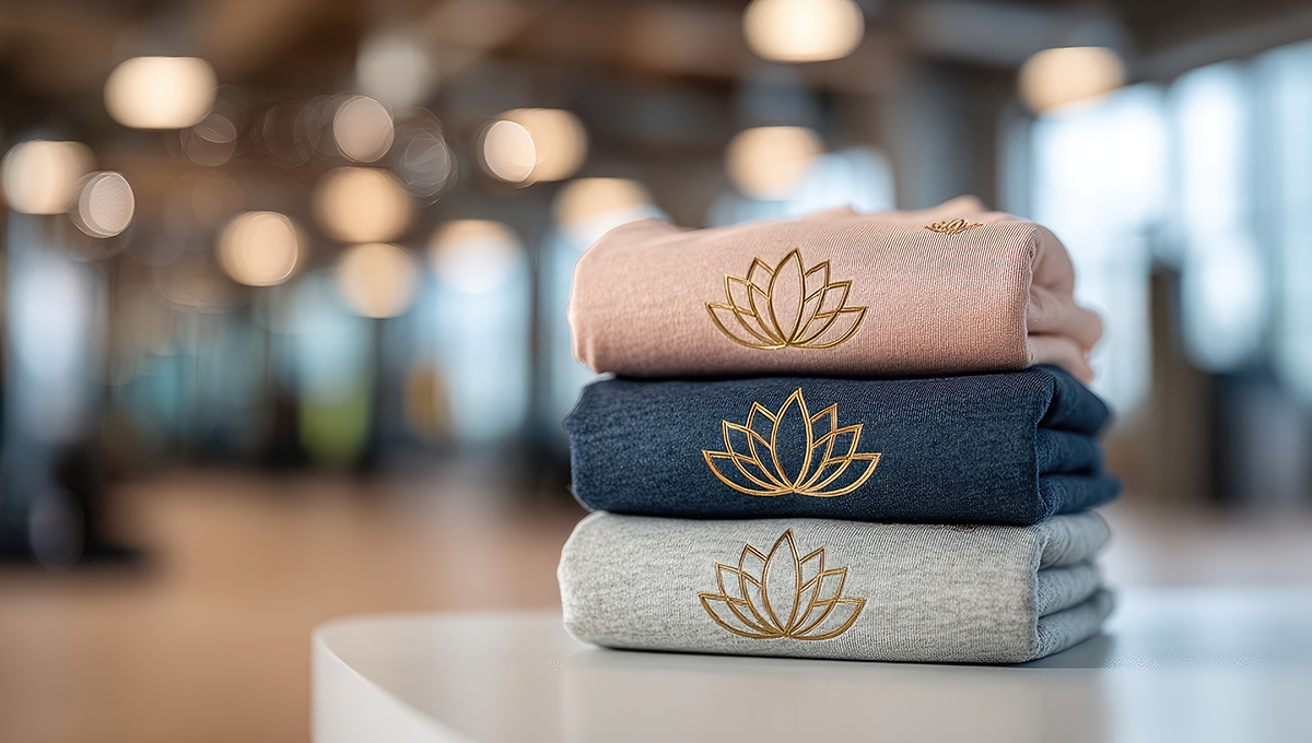 Stack of folded apparel with gold embroidered logos, representing premium custom embroidery for branded clothing.