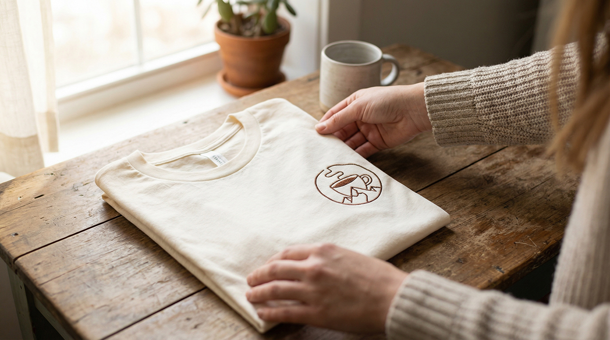 Person folding a cream colored t shirt with an embroidered logo, representing custom branded apparel production.