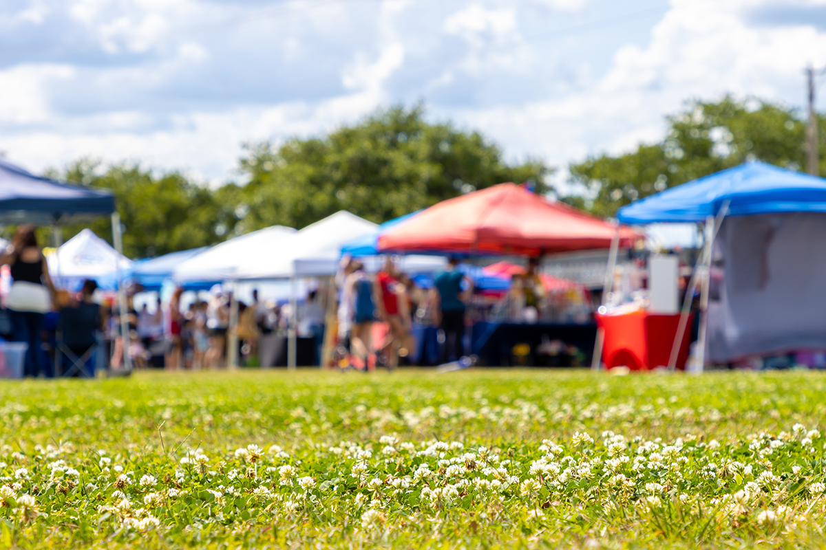 Outdoor community market with vendor tents and people browsing on a sunny day in a park