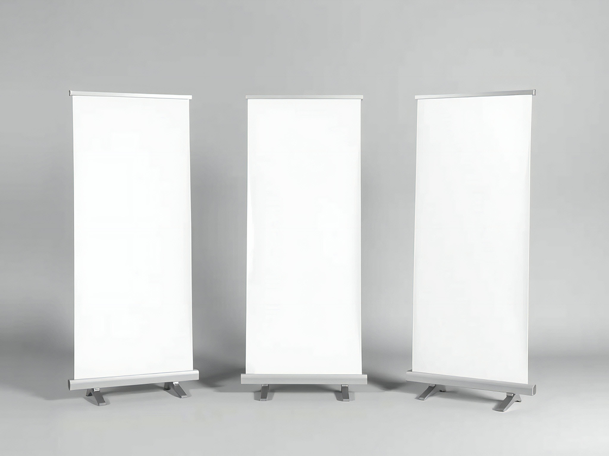 Blank white retractable roll-up banners for trade shows, events, and promotional displays