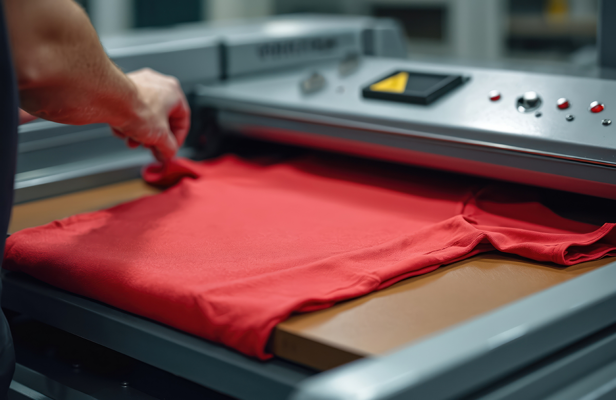 Custom t-shirt printing process using heat press machine on red fabric in production setting