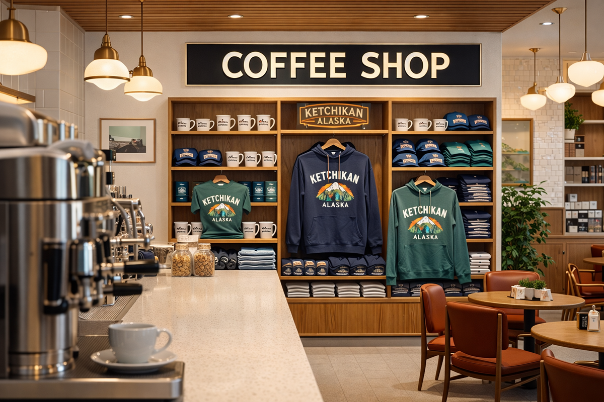 Modern coffee shop interior with Ketchikan Alaska branded hoodies, hats, and mugs on display