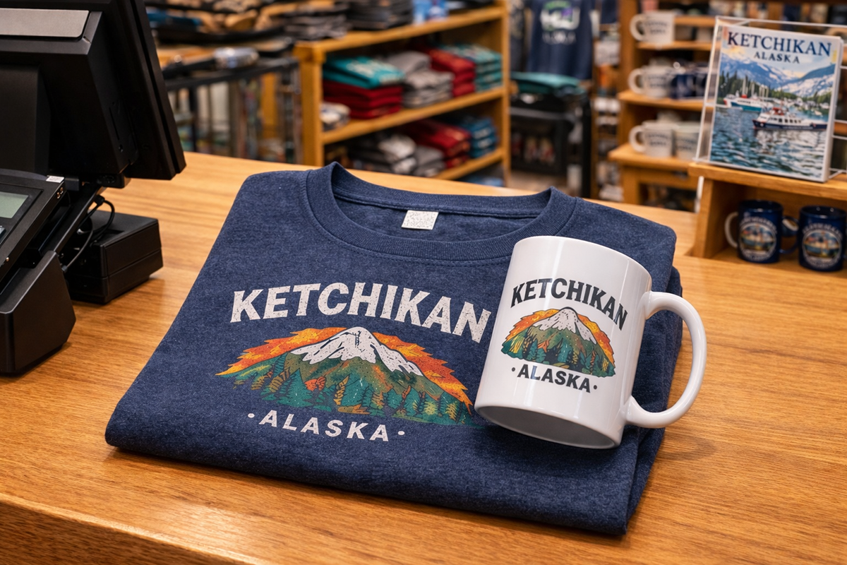 Ketchikan Alaska graphic t-shirt and matching coffee mug on wooden counter