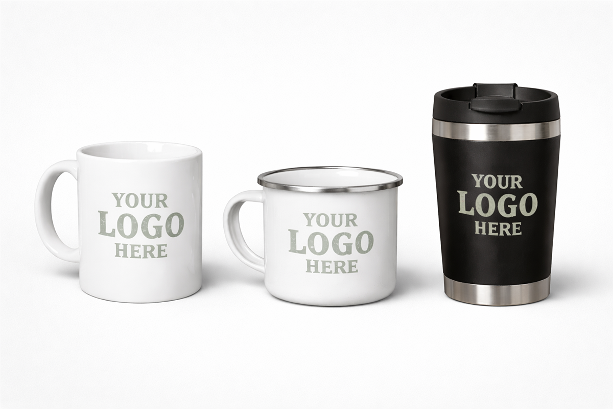 Custom logo mugs including ceramic cup, enamel mug, and insulated travel tumbler