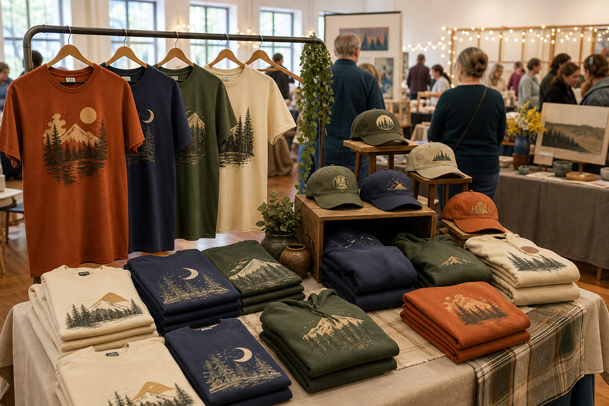 Indoor arts fair display featuring earth-toned graphic T-shirts, sweatshirts, and embroidered caps with mountain, forest, moon, and outdoor designs, while shoppers browse vendor booths in the background.