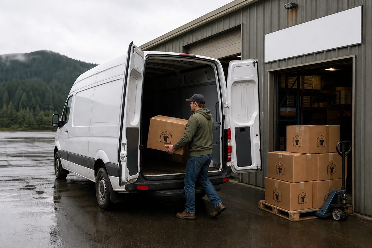 Worker carries a cardboard box toward the open rear doors of a white delivery van outside a warehouse, with stacked shipping boxes and a pallet jack nearby on a wet pavement.