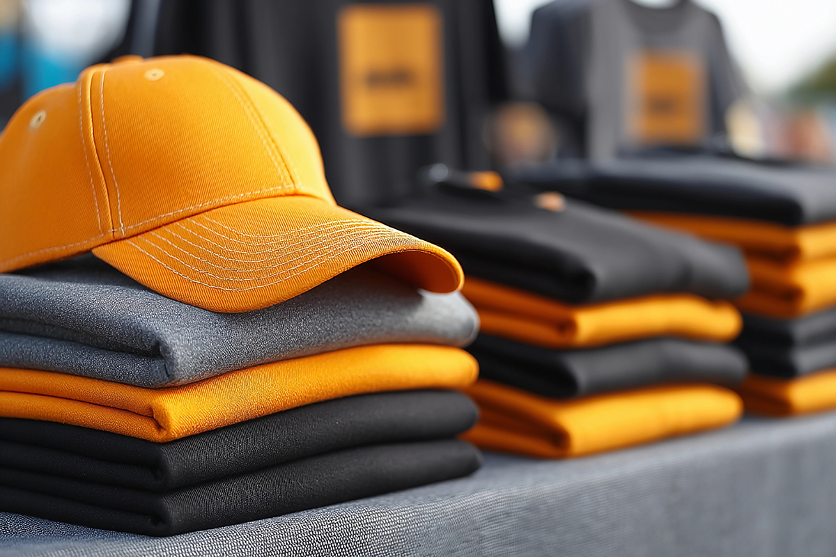 Close-up of a bright orange baseball cap resting on neatly folded stacks of black, gray, and orange apparel at a merchandise table.