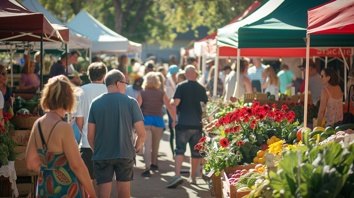Busy outdoor farmers market with shoppers walking between colorful vendor tents and displays of fresh produce and bright red flowers on a sunny day.