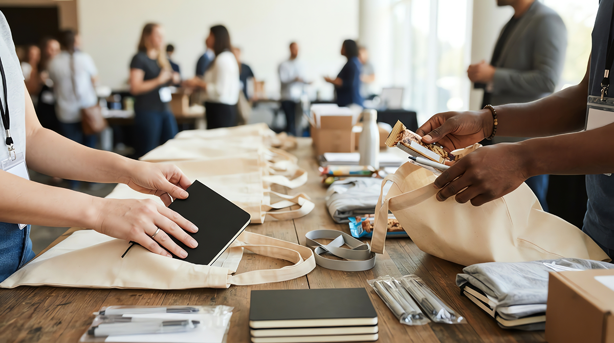 Close-up of people assembling event swag bags at a wooden table, placing notebooks, pens, snacks, and other promotional items into reusable canvas tote bags while attendees mingle in the background.