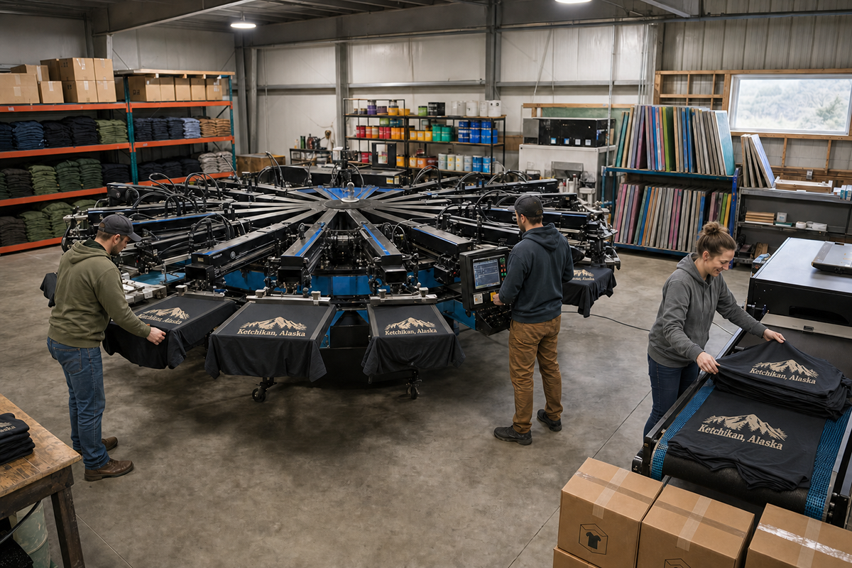 Wide view of a screen-printing workshop where three workers operate a large circular press producing black “Ketchikan, Alaska” T-shirts, with shelves of folded apparel, inks, and printing screens in the background.