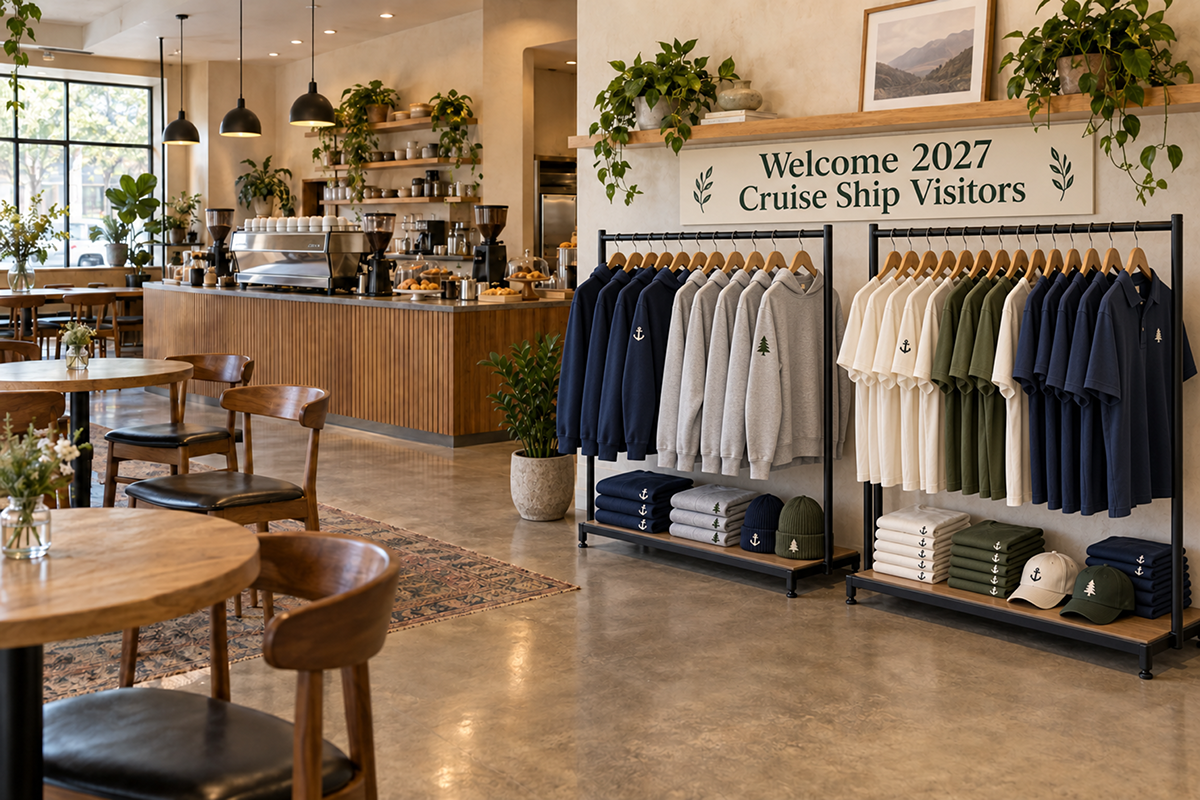 Bright café interior with two fully stocked merchandise racks displaying branded sweatshirts, T-shirts, hats, and folded apparel beneath a sign reading “Welcome 2027 Cruise Ship Visitors.