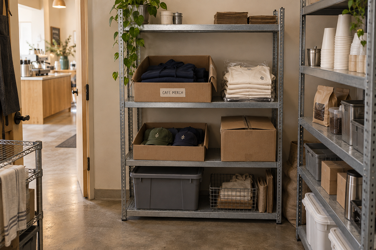 Café storage room with metal shelving holding boxes of folded branded sweatshirts, T-shirts, hats, packaging supplies, cups, and other back-stock inventory.