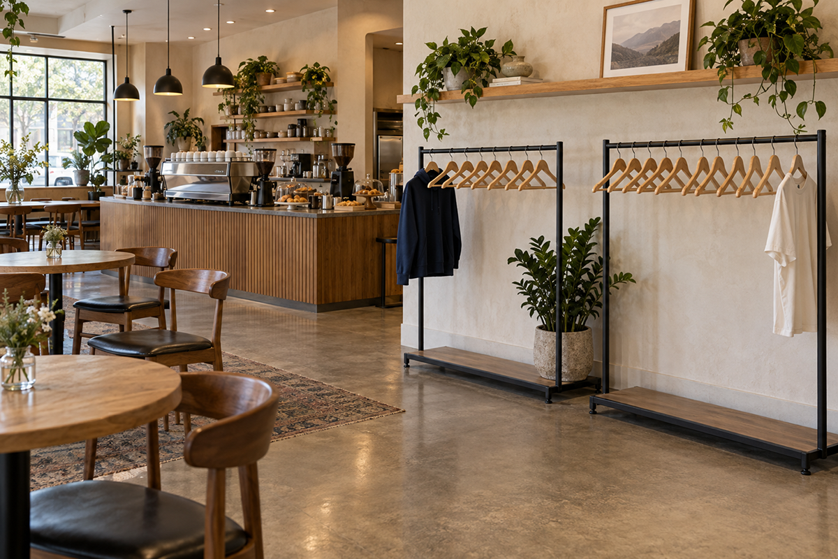 Bright café interior with two nearly empty merchandise racks, showing mostly bare wooden hangers with only a few remaining shirts.