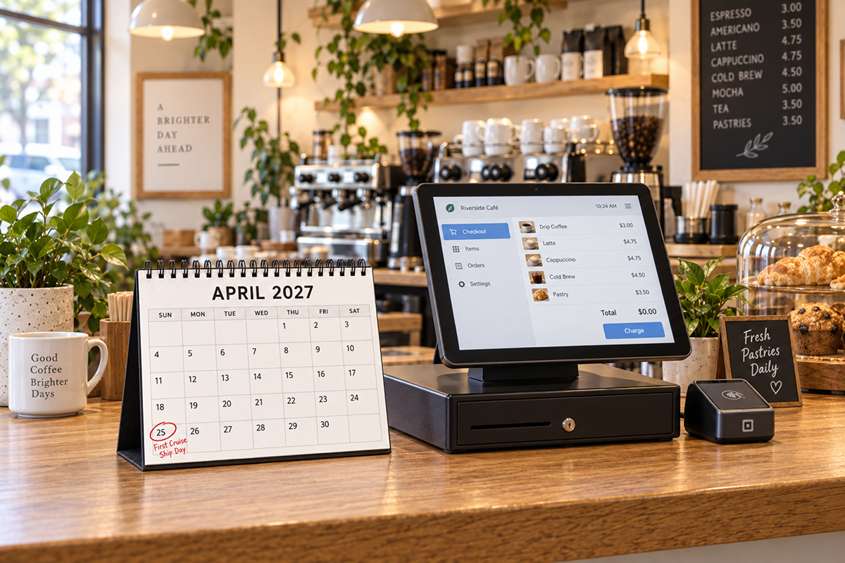 Café counter with a point-of-sale system beside an April 2027 calendar marking April 25 as “First Cruise Ship Day,” with coffee equipment and pastries in the background.