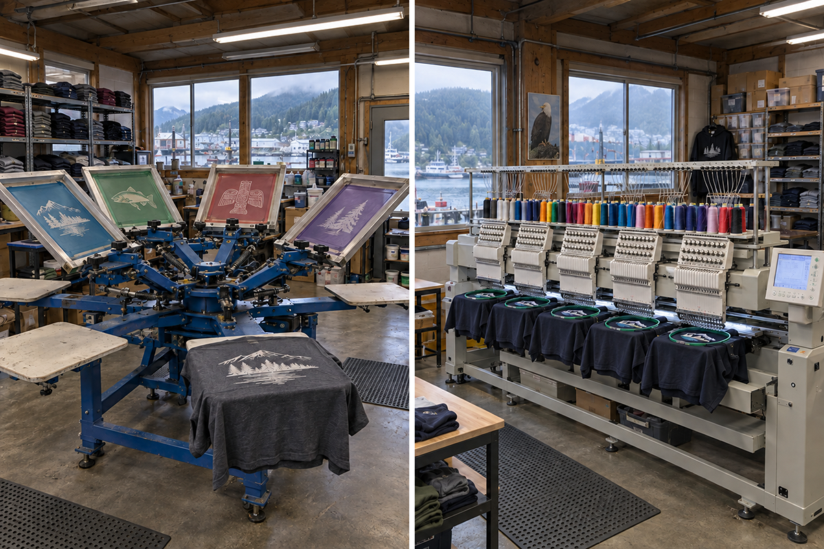 Split view of a custom apparel production shop, showing a multi-station screen-printing press on the left and a multi-head embroidery machine stitching shirts on the right.