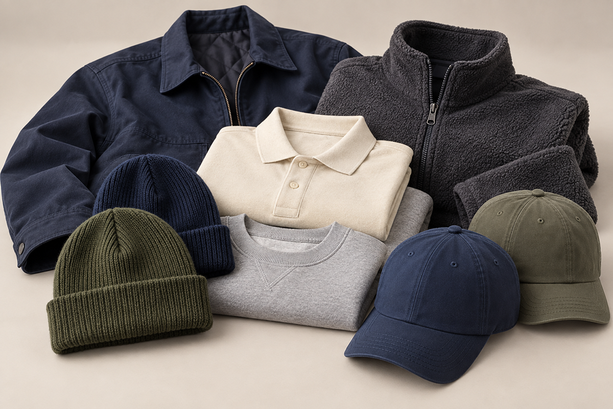 Assortment of blank apparel ready for custom embroidery, including jackets, polos, sweatshirts, fleece, knit beanies, and baseball caps in neutral and dark colors.