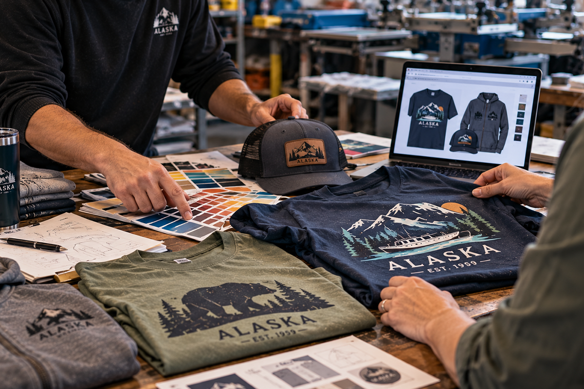 Print shop team reviewing custom Alaska t-shirt, hat, and hoodie designs with color swatches and a laptop mockup
