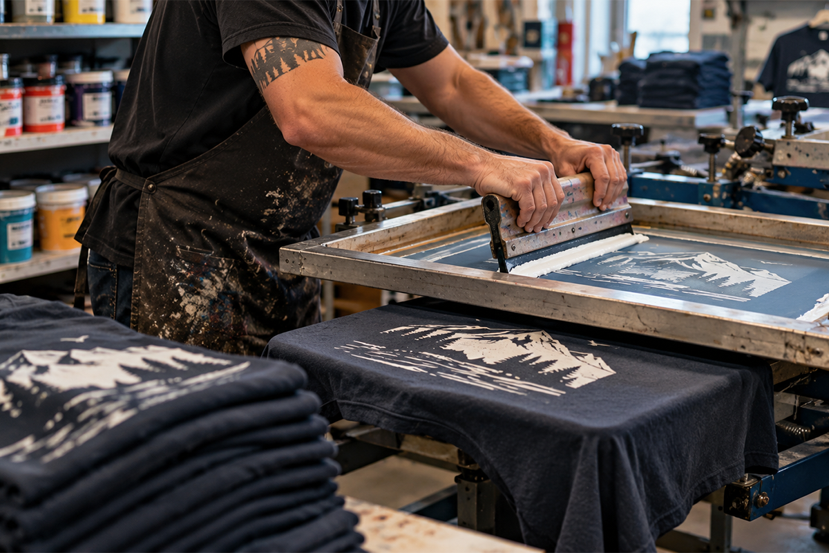 Screen printer pulling a squeegee across a mountain design on a navy t-shirt in a print shop
