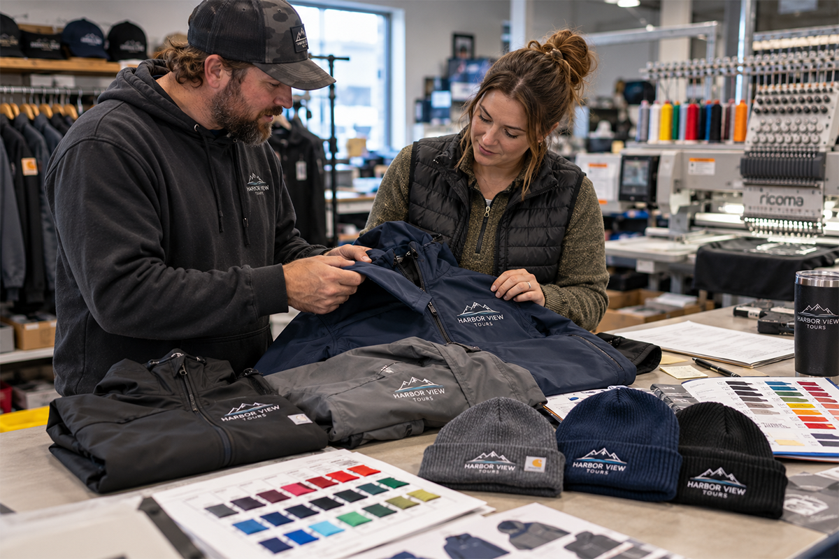 Print shop staff reviewing custom embroidered Harbor View Tours jackets and beanies with color swatches