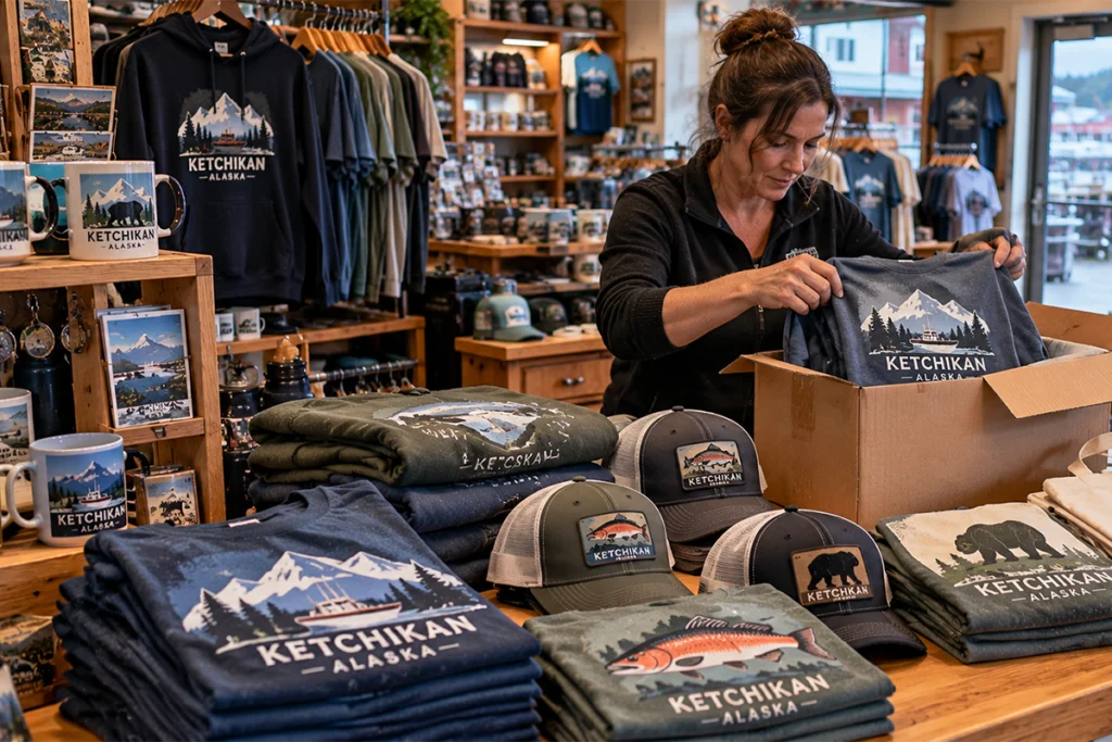 Gift shop employee packing custom Ketchikan Alaska t-shirts into a shipping box at the counter
