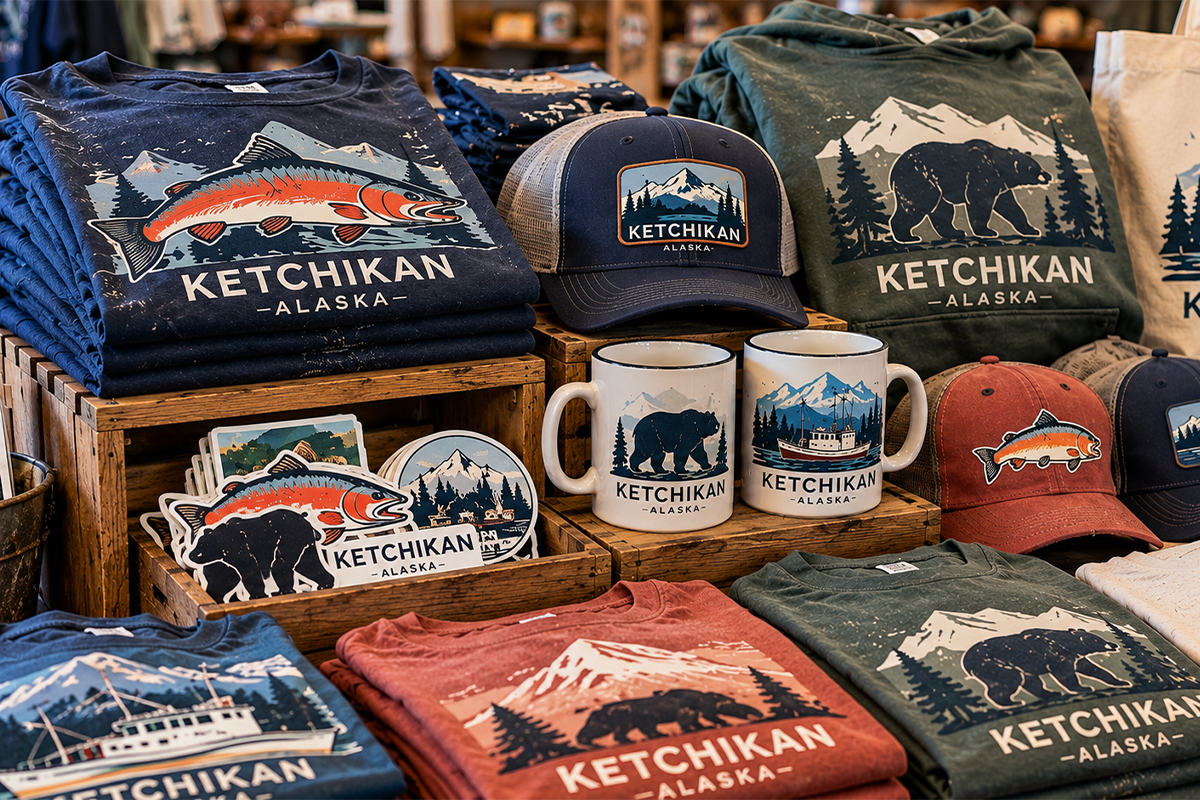 Display of Ketchikan, Alaska custom merchandise with salmon, bear, and boat designs on shirts, hats, mugs, and totes