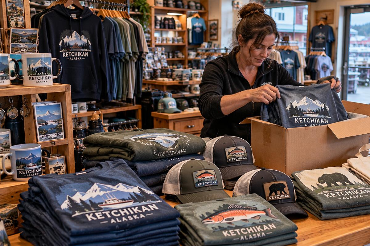 Gift shop employee packing custom Ketchikan Alaska t-shirts into a shipping box at the counter