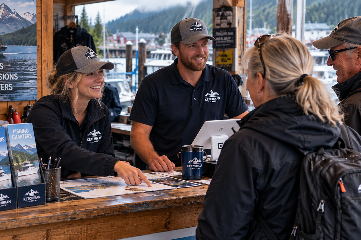 Ketchikan tour booth staff in branded hats and shirts helping visitors with maps and tour brochures