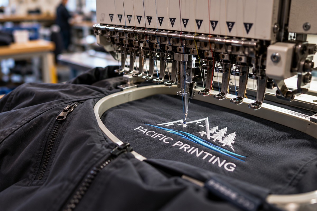 Multi-needle embroidery machine stitching a mountain and tree logo onto a dark jacket