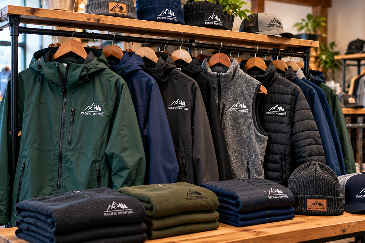 Rack of custom embroidered jackets, fleece vest, beanies, and caps with a mountain logo in a showroom