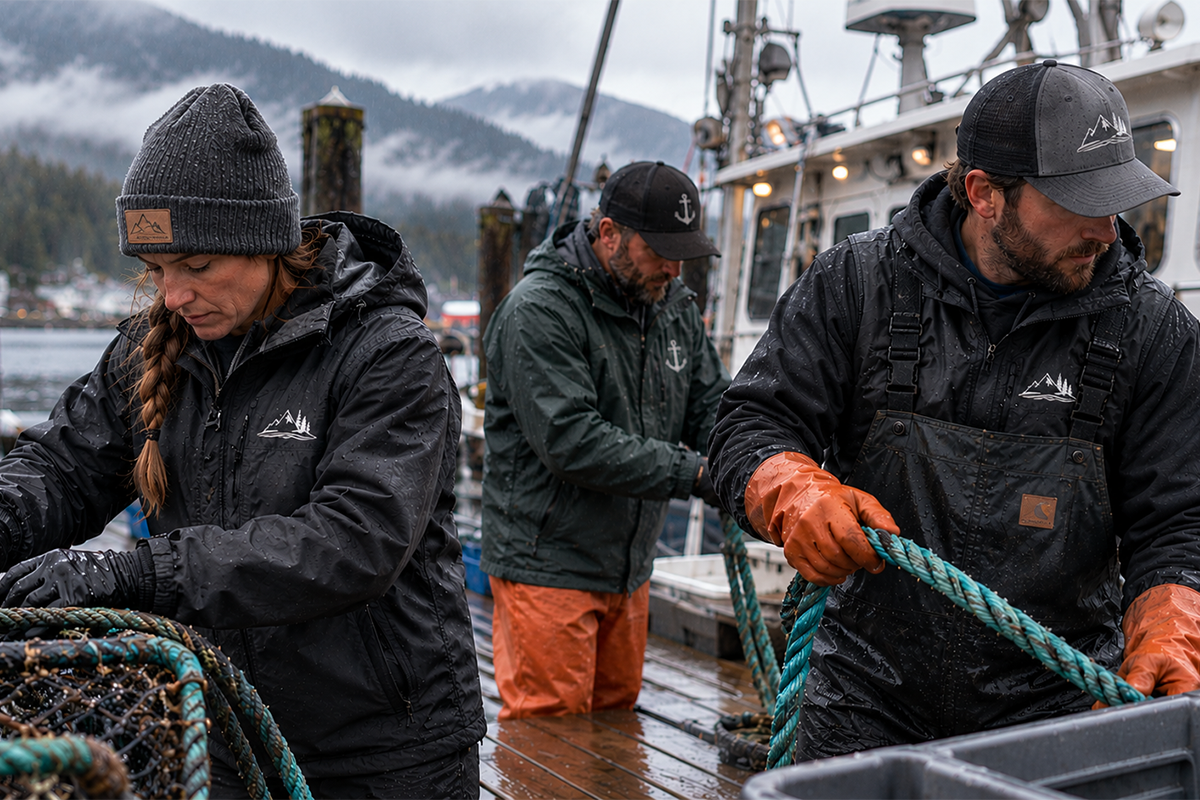 Fishing crew in logo rain jackets, beanie, and caps handling crab pots and rope on a rainy dock
