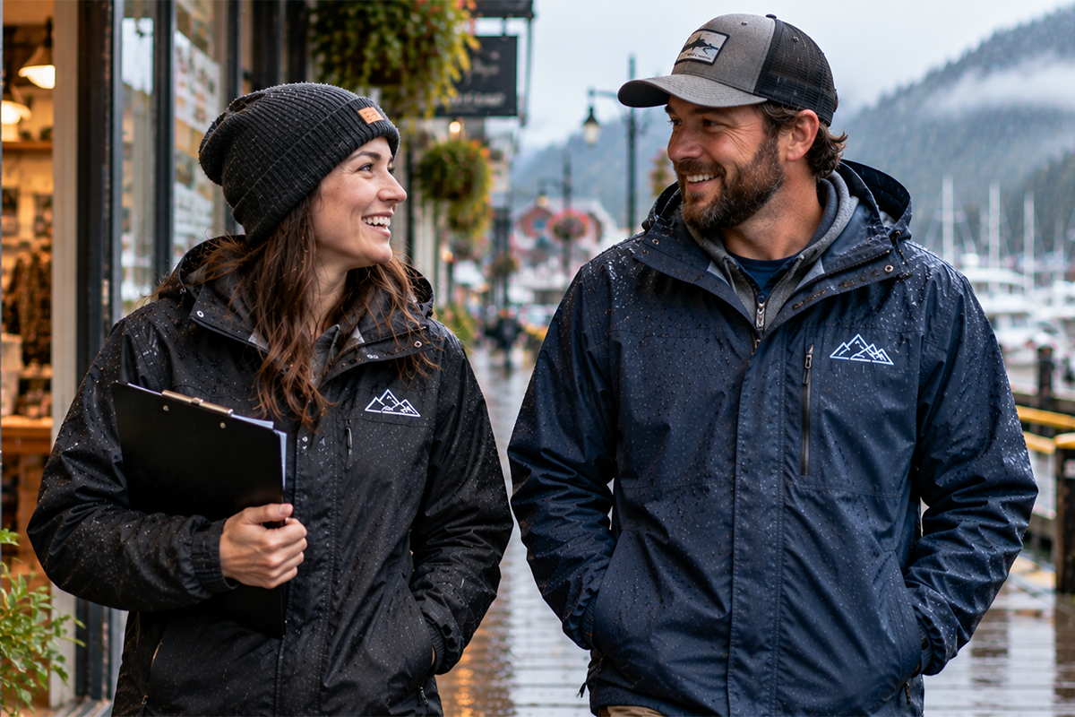 Two smiling coworkers in embroidered rain jackets walking along a rainy harbor boardwalk