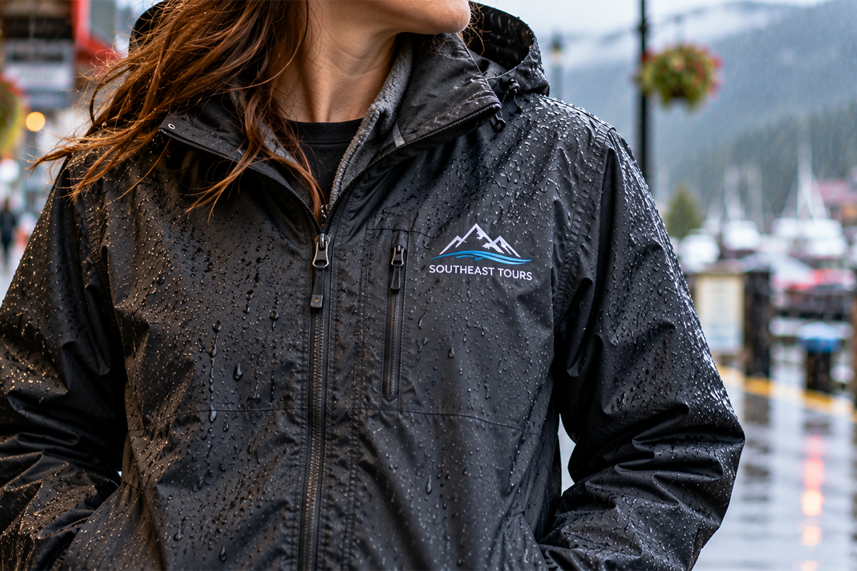 Black rain jacket with embroidered Southeast Tours logo, beaded with rain on a harbor street